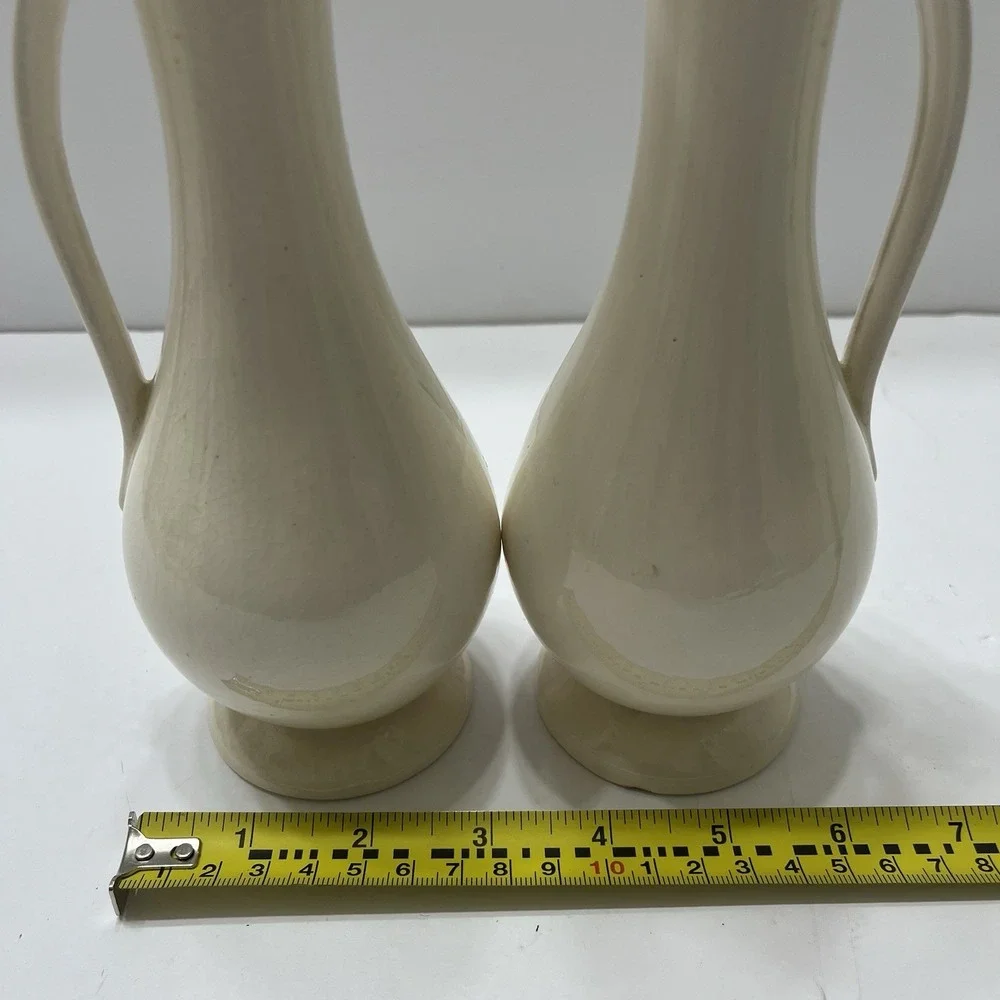 Vintage Off-White Floral Vases Set Of 2 Yellow Flowers Signed 1964 Ceramic